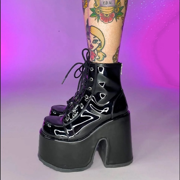 Demonia Shoes - Demonia Black Patent Ankle Platform Boots